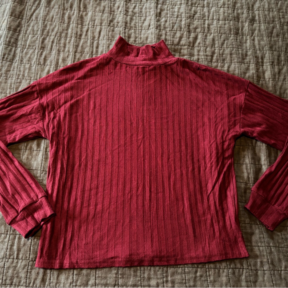 La Miel Womens Burgundy Ribbed Mock Neck Long Sleeve Top FAT7551 Small